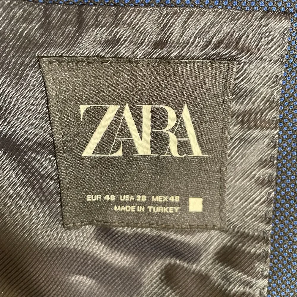 Zara Mens‎ Blazer Jacket Navy Blue Wool Blend 2 Button 38